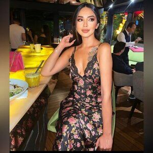 Zara Satin Rose Floral Slip Midi Dress Black Pink Size XS